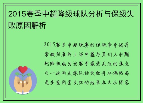 2015赛季中超降级球队分析与保级失败原因解析